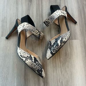Franco Sarto Black and Cream Snakeskin Heels
